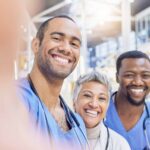 Teamwork, selfie and medical staff with memory, hospital and social media with collaboration. Docto.